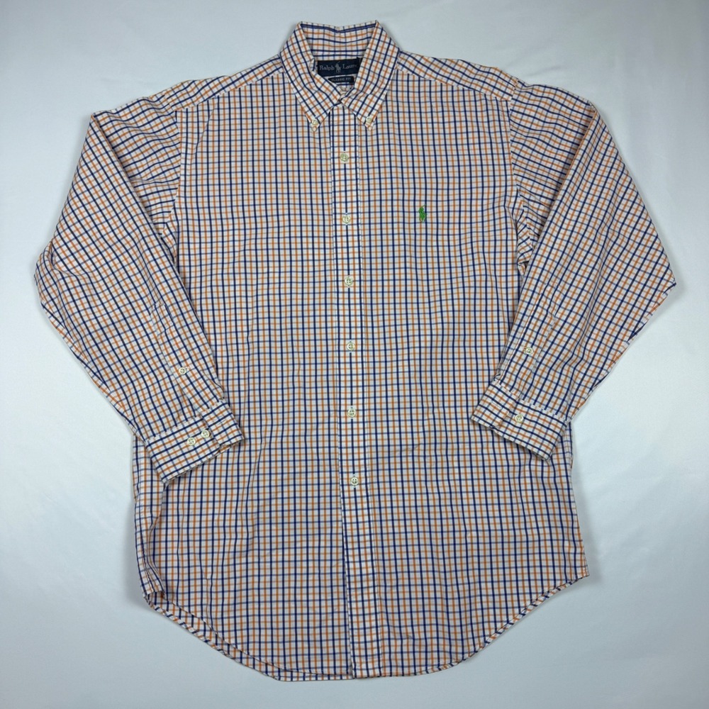 Ralph Lauren Button Down Mens 15.5 32/33 Orange Navy Excellent Classic Fit Check